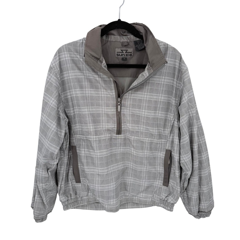 Sun Ice Mens Brown Plaid Half Zip Windbreaker Jacket 2470 Grey White Medium